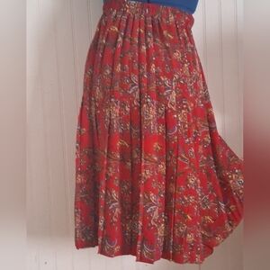 Leslie Fay Red Floral Full A-Line Skirt with Multicolor Print